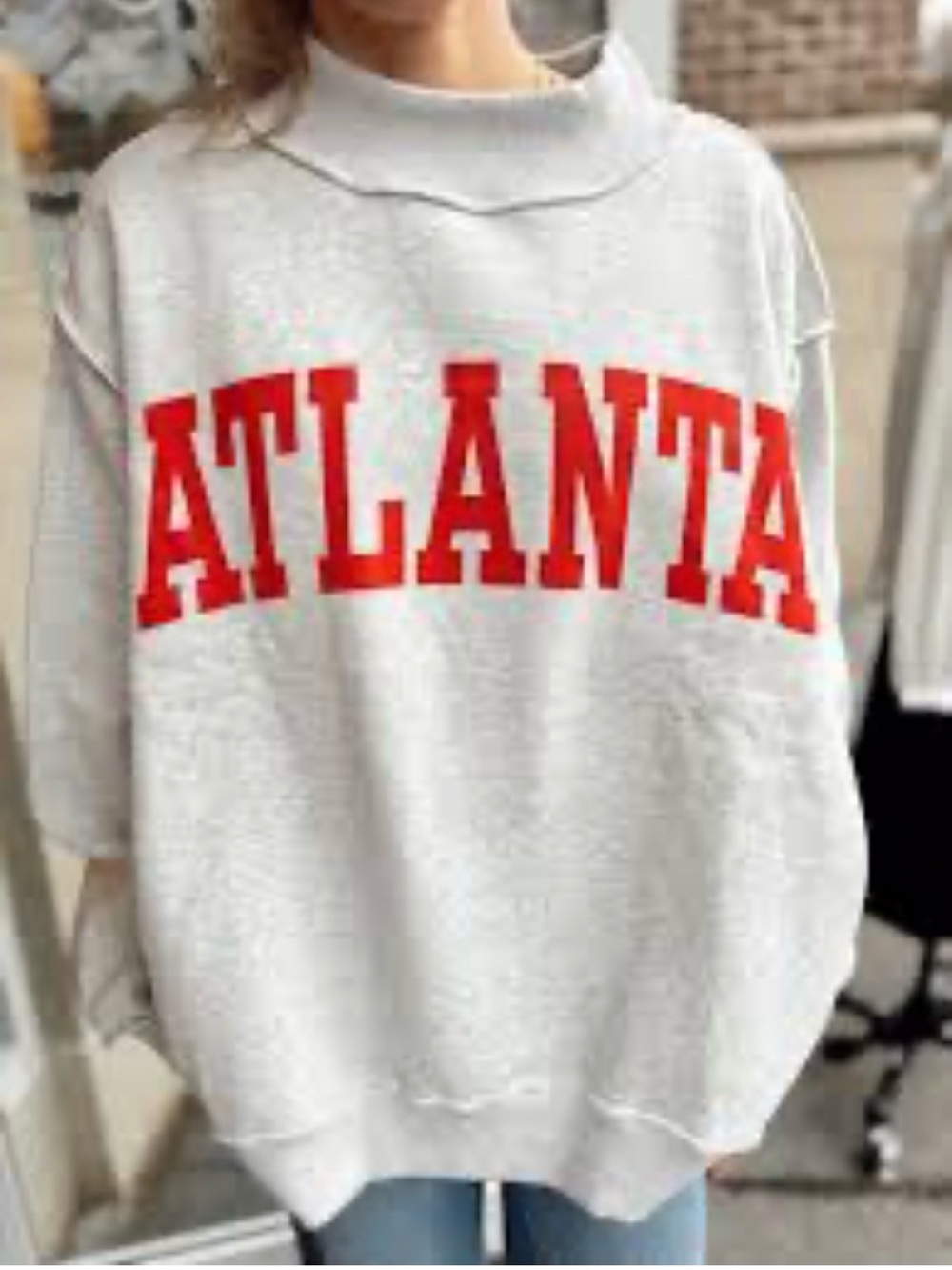 NWOT-BUCKETLIST Gray Turtleneck Sweater with Red 'ATLANTA' Graphic